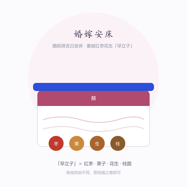 婚嫁安床场景:喜被、红枣与花生(民俗画意)
