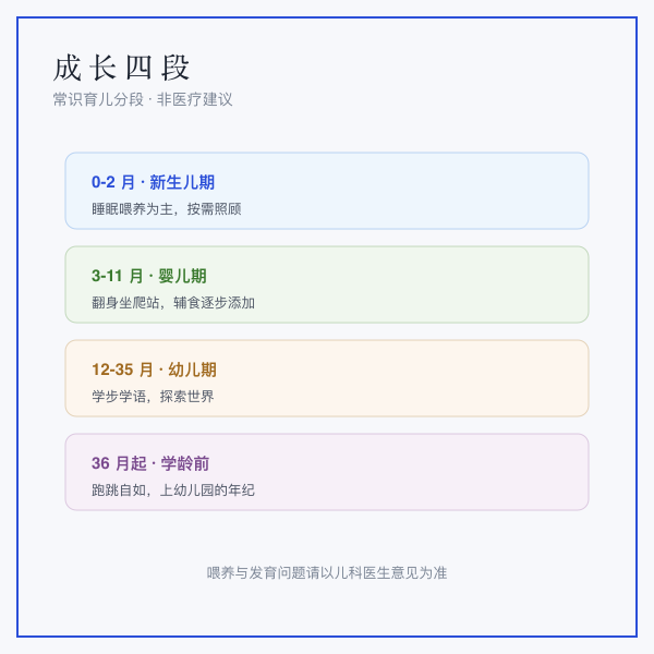 成长阶段图：新生儿期婴儿期幼儿期学龄前四段