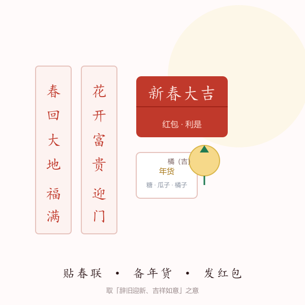 辞旧迎新示意：春联、红包与年货（民俗画意）