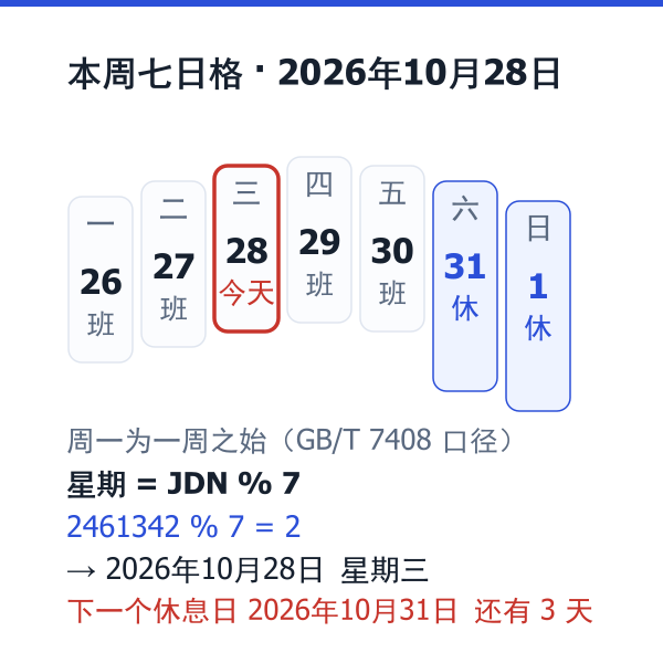本周七日格:周六周日为休息日,今天用红框标出
