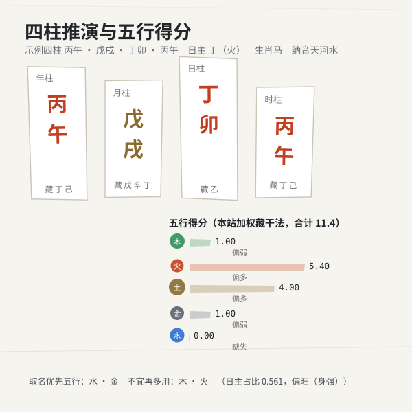 四柱排盘怎么读：柱名、干支、藏干与五行标注（图中数值为本站算法对默认示例的实算结果）